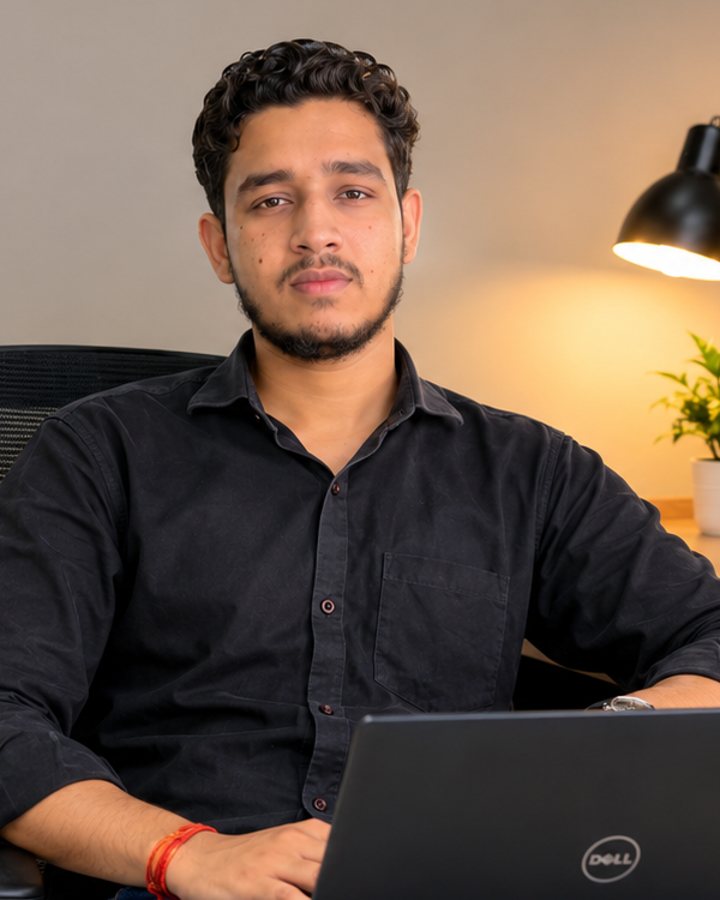 Piyush Mishra, web developer, coding on his laptop
