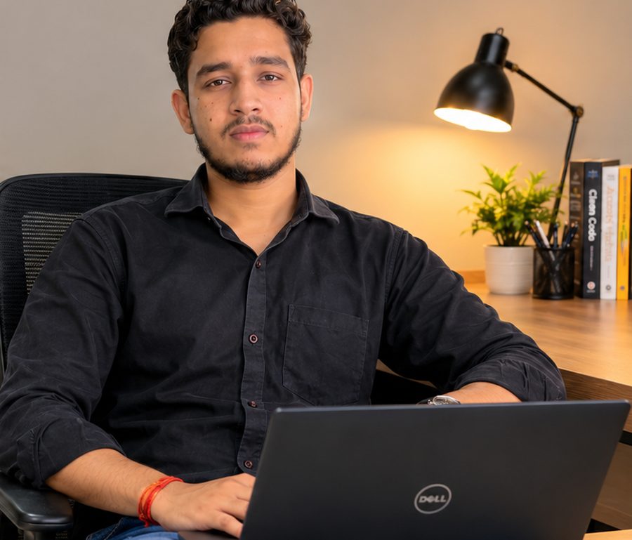 Piyush Mishra, Django developer, at his desk with a laptop
